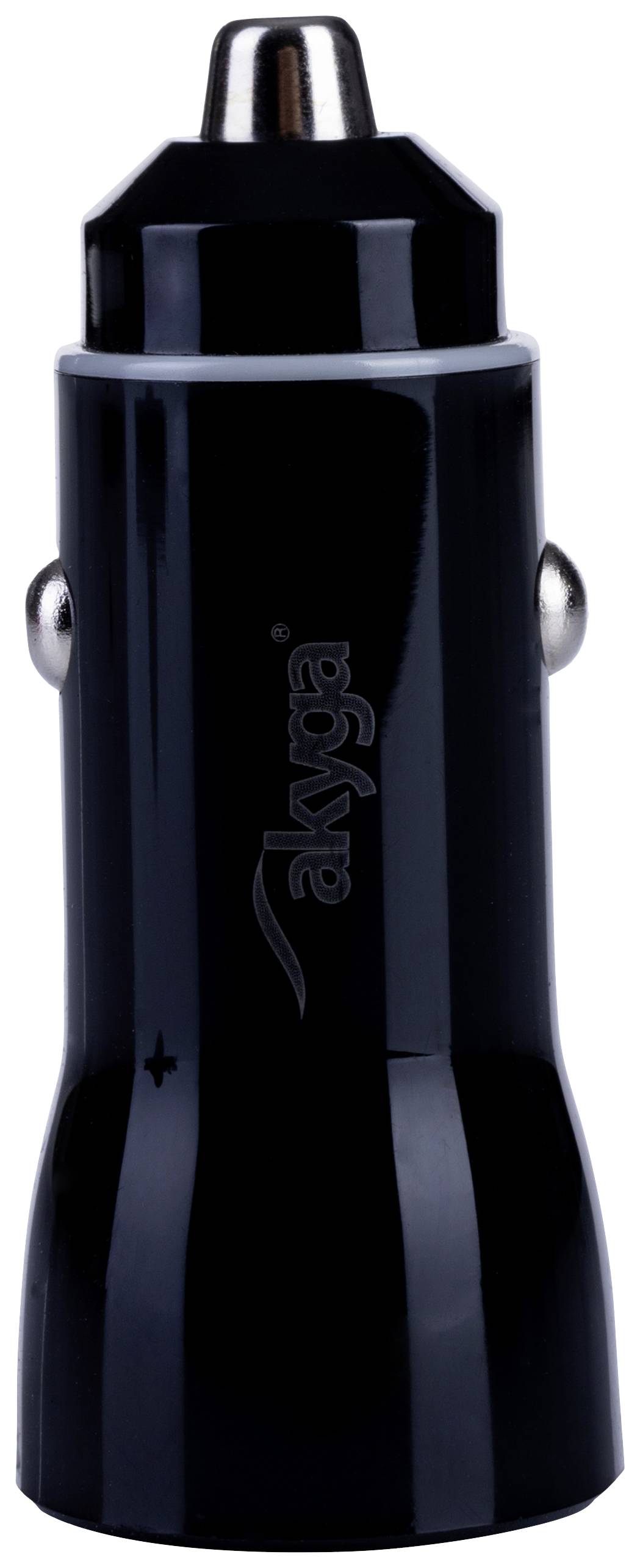 Black, cylindrical car charger with a glossy surface and metal tip, displaying the 'akyga' logo.