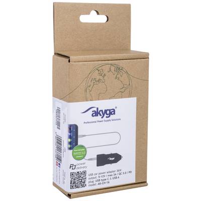 Cardboard packaging containing an in-car adapter by 'akyga'; USB-C connection, 36W power output, Power Delivery, with a world globe illustration on top.