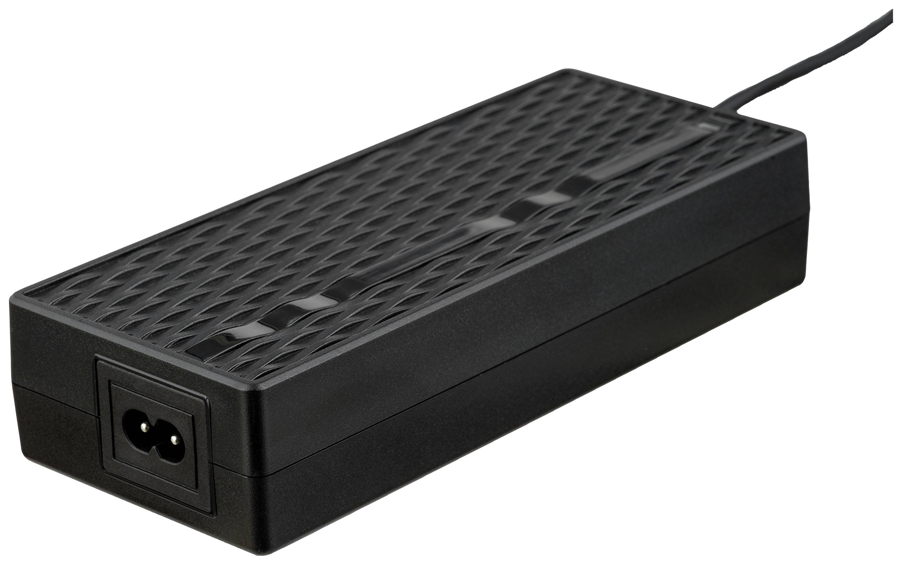 A black power supply unit with a rectangular shape and ventilation slots on the top surface. A power cable is connected.