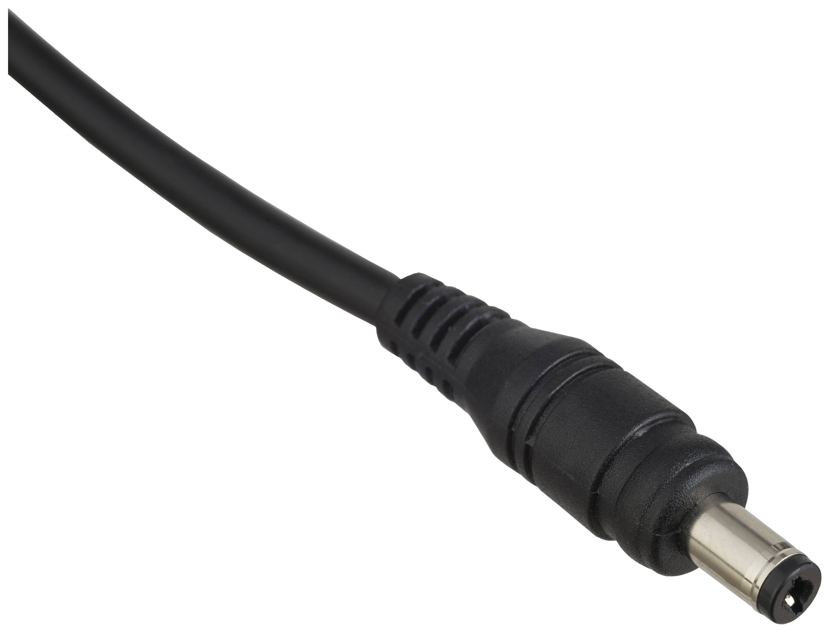 Close-up of a black direct current plug with cable, commonly used for powering electronic devices.