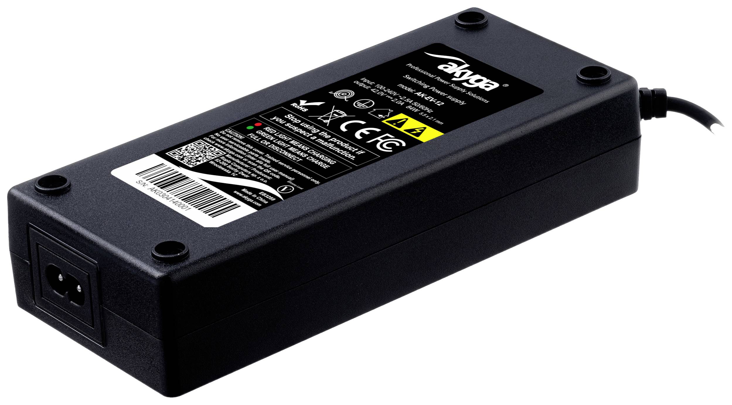 Black power supply with multiple safety and voltage notes on the label.