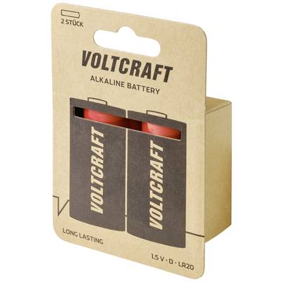 Two Voltcraft alkaline batteries, D size, in a brown package, labelled 'Long Lasting' and '1.5 V - D - LR20'.