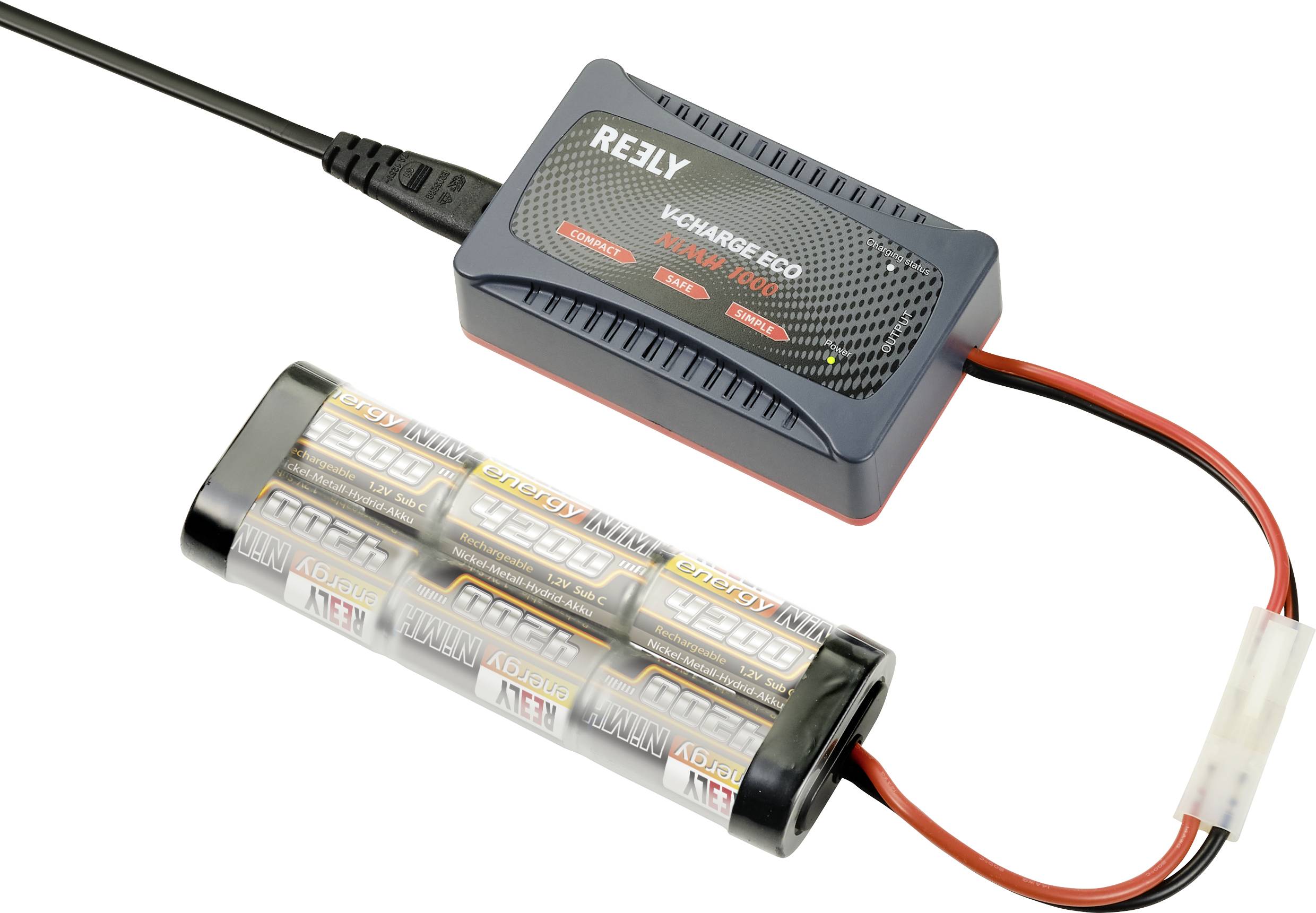 A charger with a connected battery comprising multiple cells, with brand names visible on both devices.