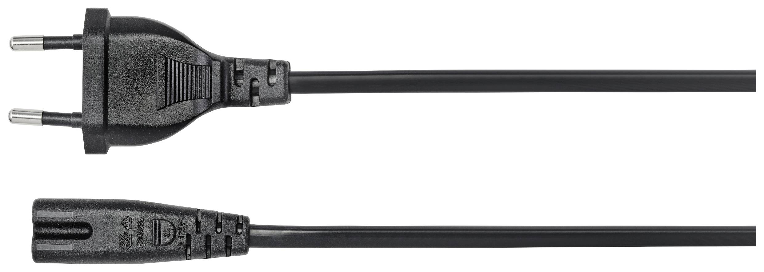 A black power cable with a two-pin European plug and a terminal end that can be connected to an electrical appliance.