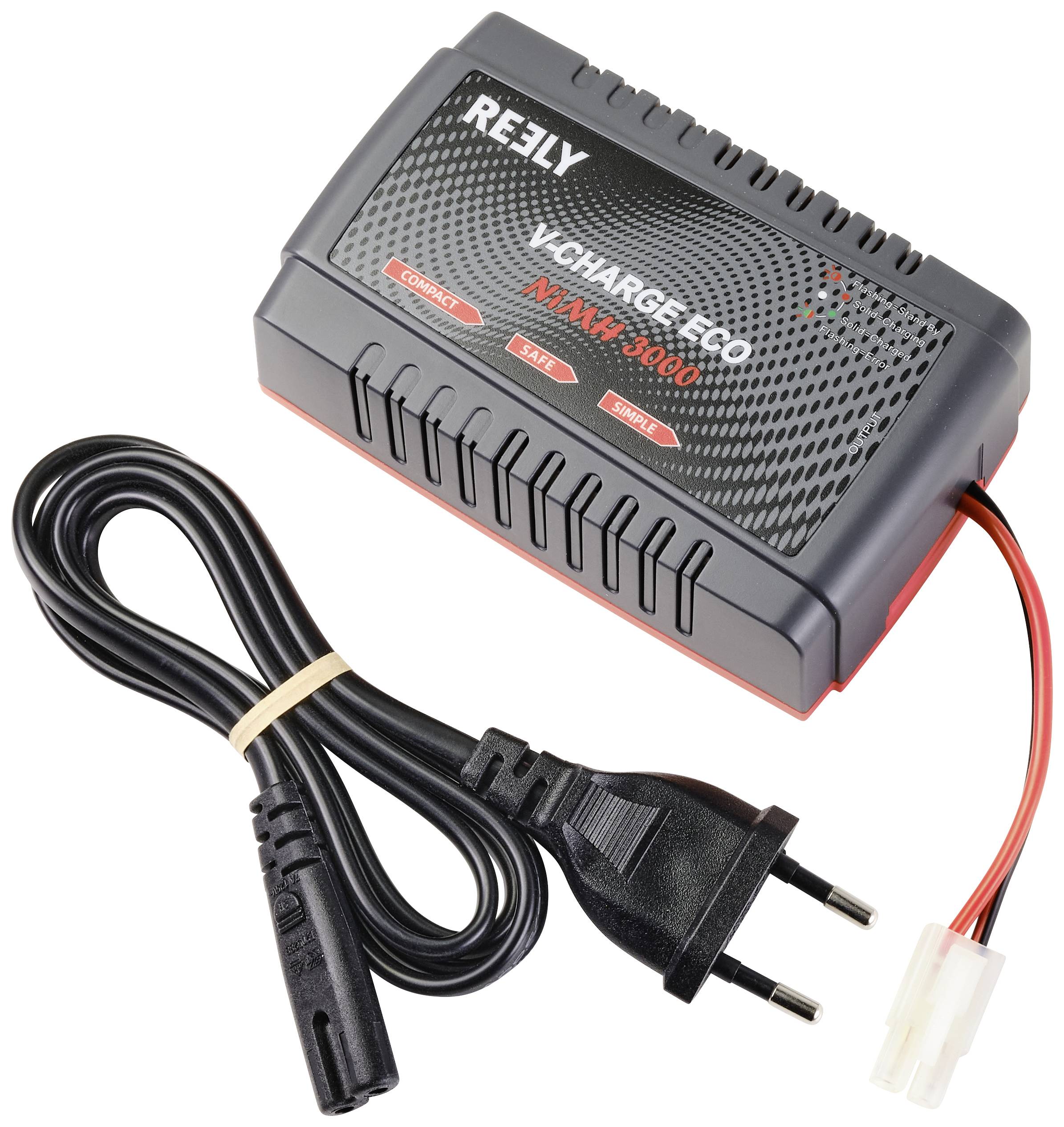 Charger for NiMH batteries with EU plug and cable. Product by V-Charge ECO. Model number: NIMH 1000.