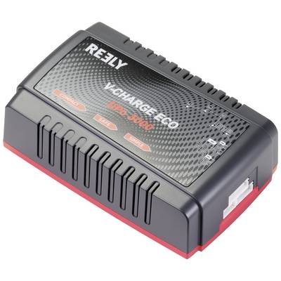 The image depicts a Reely V-Charge Eco Lipo-3000 charger, which is compact and designed in black and red.