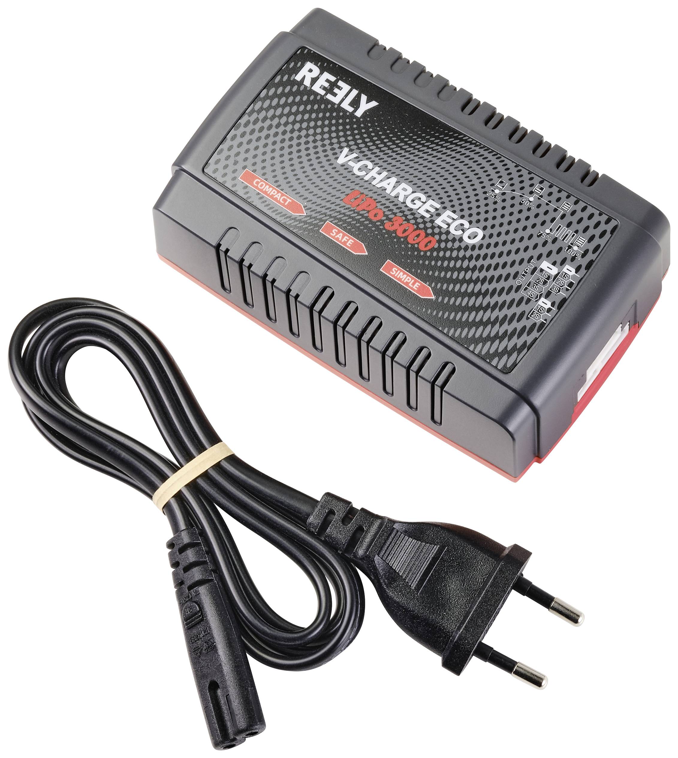 Battery charger with two connecting cables, one with EU plug and one with crocodile clips. Label reads: 'V-CHARGE ECO'.