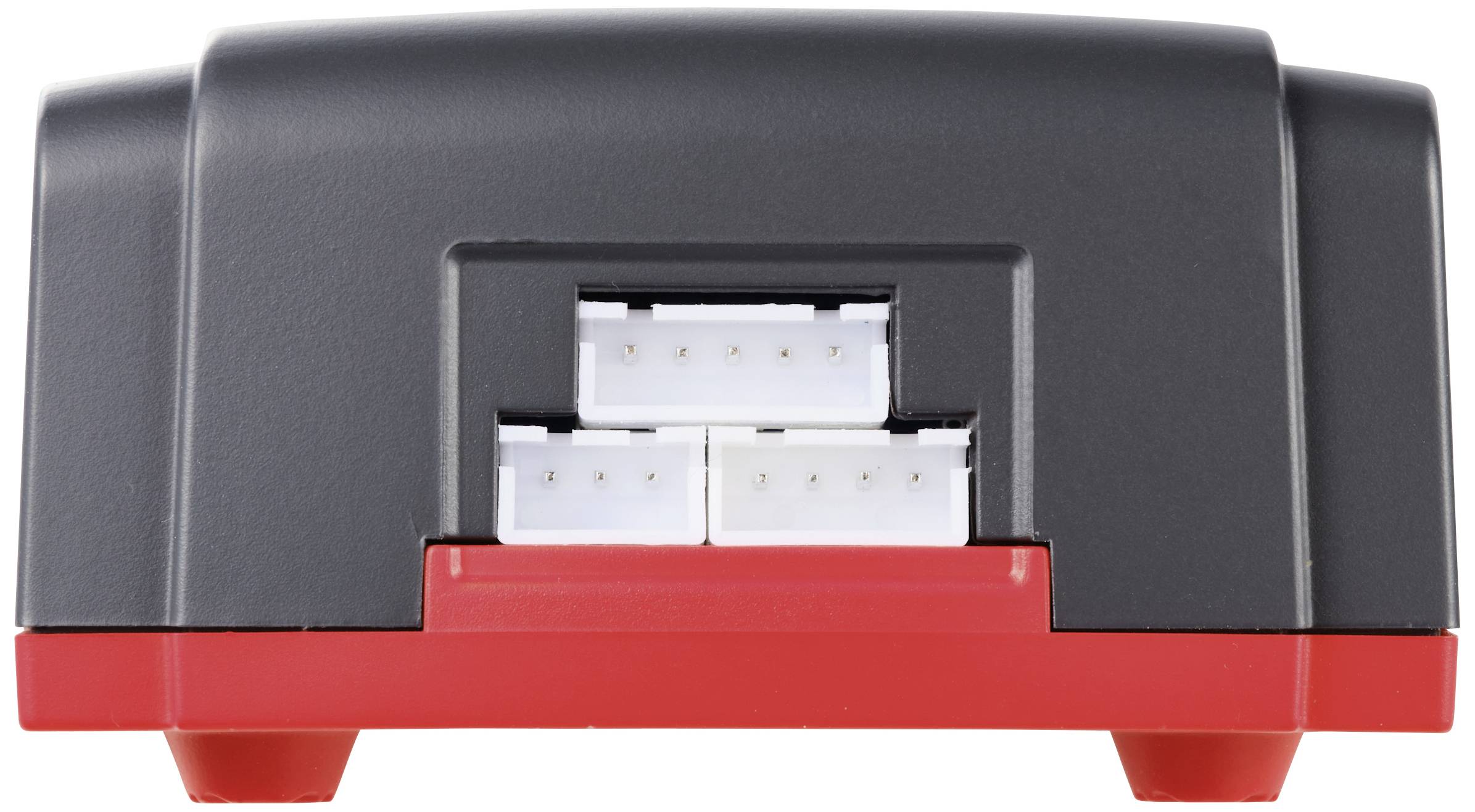 A black device with red accents, showing connection ports on the back.