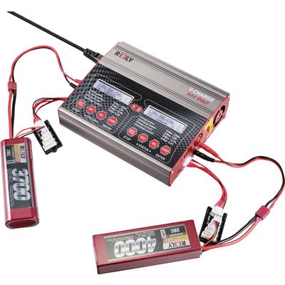 A charger with two connected batteries, one marked '3700' and the other '4000' mAh. Display shows 'Li-Po' and charging voltages.