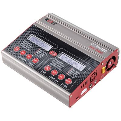 A charger with a digital display, control buttons, and connectors. Brand name 'REELY' and 'V-CHARGE 200 DUO' visible.