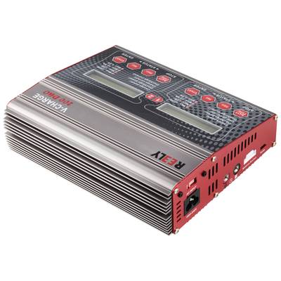 A red charger with a digital display and control buttons for batteries. It shows two screens with different settings.