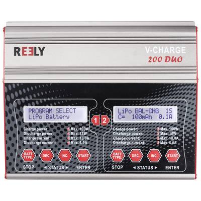 A charger with two screens. The left screen shows 'PROGRAM SELECT LiPo Battery', the right screen 'LiPo BAL-CHG C= 100mAh 0.1A'.