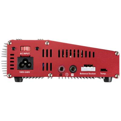 Back of a red charger. Shows inputs: Mains Connection, 100V-240V, Balance Socket, Temperature Sensor.