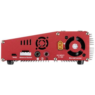 Back of a red charger with connectors and fan. Labels: 'Temp.', 'Balance Socket', 'DC INPUT 11-18V', 'Do not cover'.