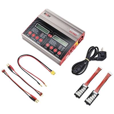 Charger with two digital displays, multiple cables and plugs. Includes power cable and adapters for various connections.