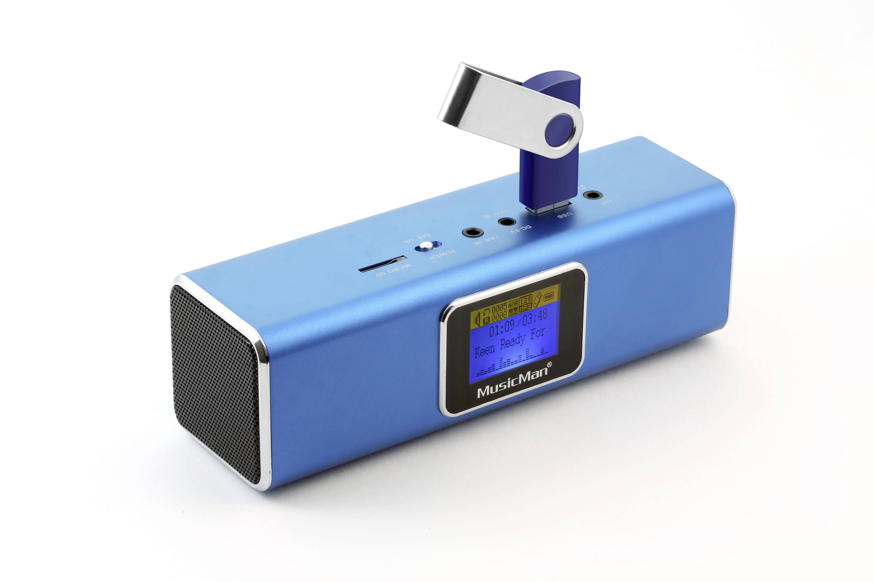 Blue portable speaker with USB stick and display on the front.