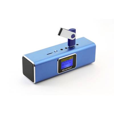 Blue portable speaker with USB stick and display on the front.