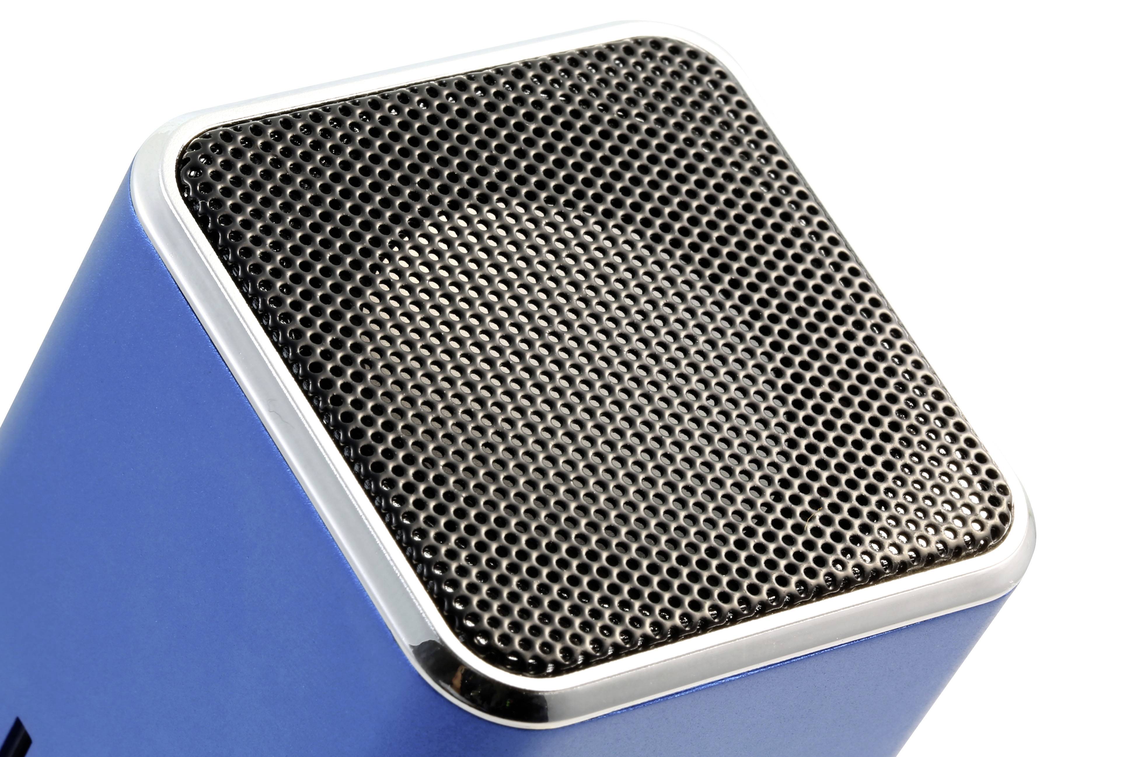 Close-up of a square blue speaker with a black grille covering the front.