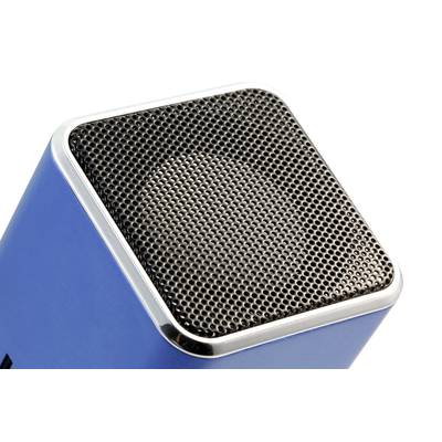 Close-up of a square blue speaker with a black grille covering the front.