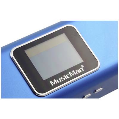 A blue portable speaker with a display on the top surface, showing the text 'MusicMan'.