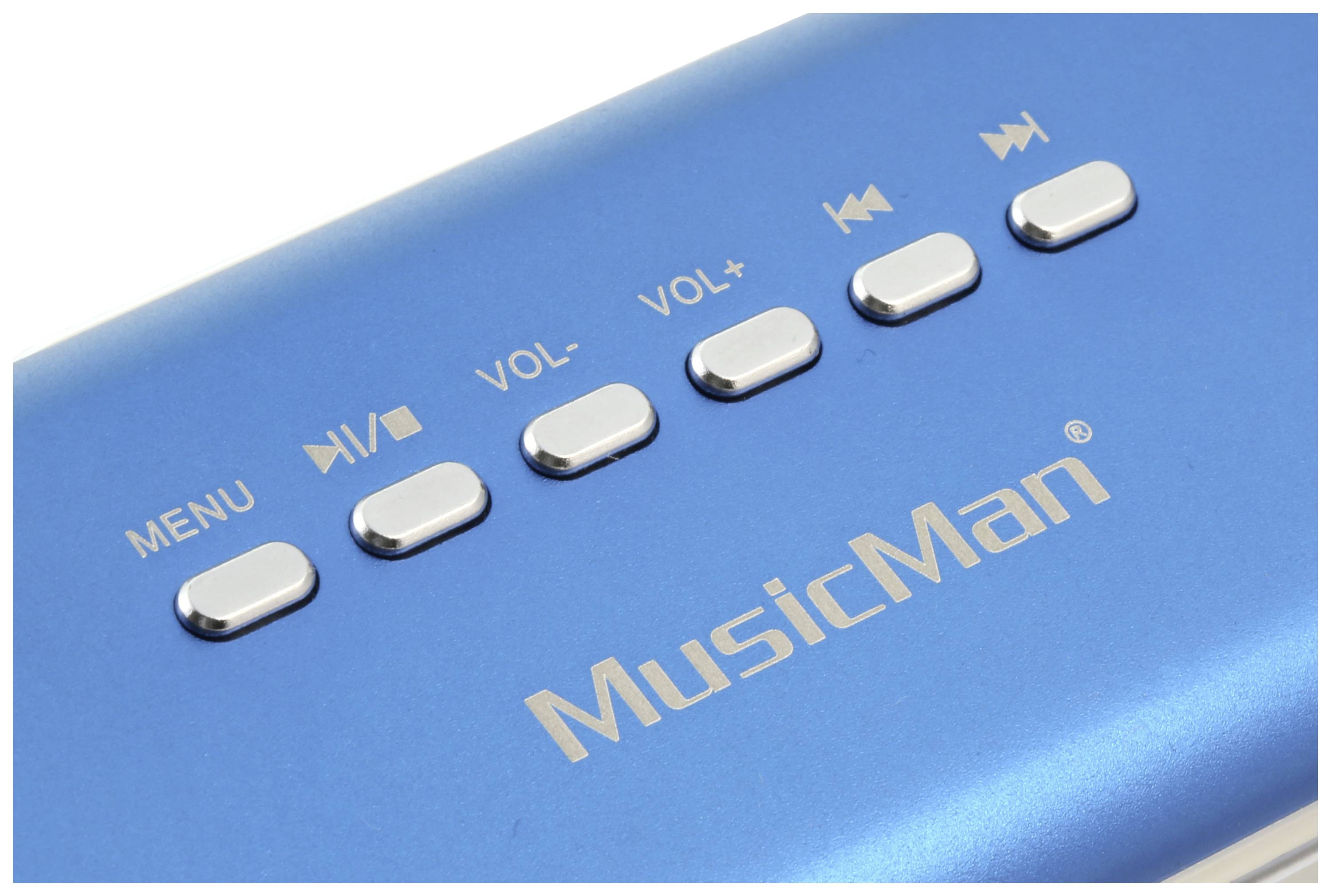 Blue device with 'MusicMan' logo. Shows six silver buttons: Menu, Previous, Volume Down, Volume Up, Next, Play/Pause.