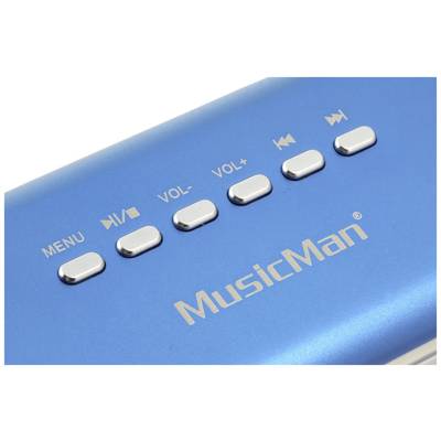 Blue device with 'MusicMan' logo. Shows six silver buttons: Menu, Previous, Volume Down, Volume Up, Next, Play/Pause.