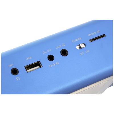 Connections of a blue electronic device: ANT, USB, DC-5V, LINE IN, Power Switch (ON/OFF), MICRO SD and Headphones.