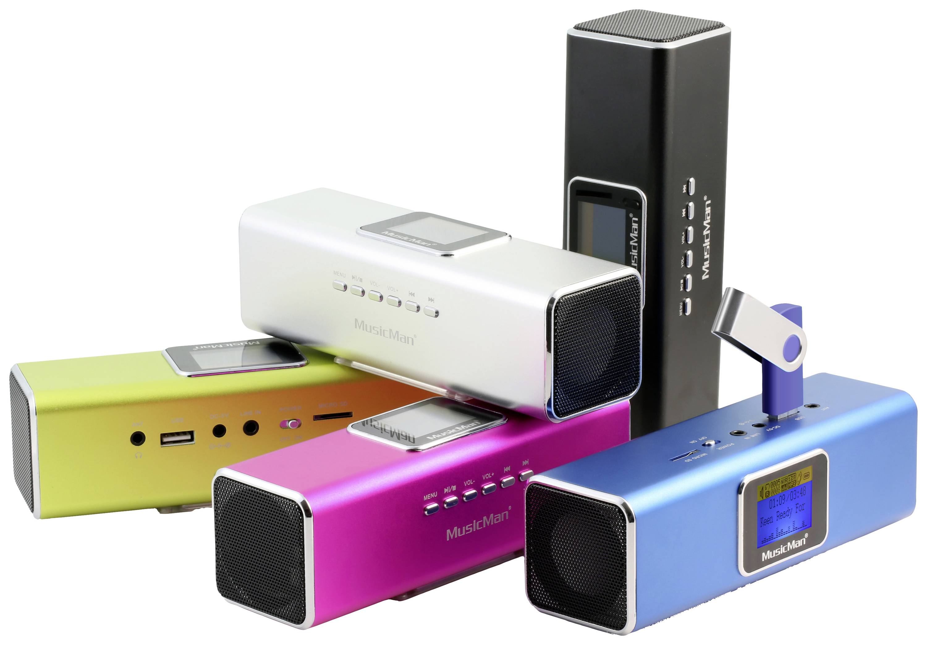 Five portable speakers in various colours (black, silver, pink, blue, yellow) with USB ports, stacked on top of each other.