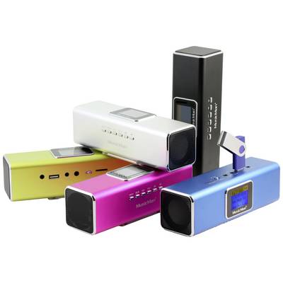 Five portable speakers in various colours (black, silver, pink, blue, yellow) with USB ports, stacked on top of each other.