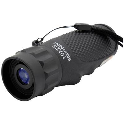 A black monocular with the marking '10x25 96M/1000M'. It has a textured surface and a blue-tinted lens.