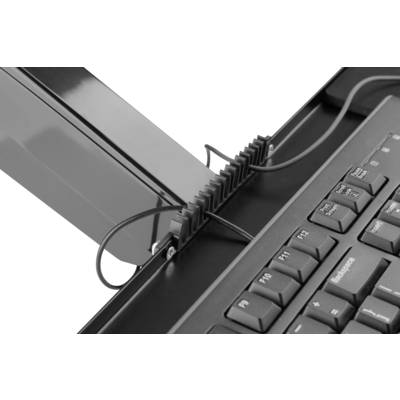 A computer keyboard with cable management: cables neatly routed through holders to prevent tangling.