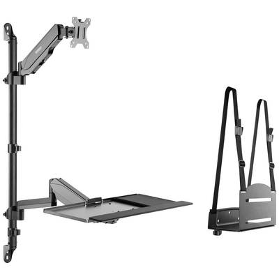 A wall-mounting set consisting of an adjustable monitor arm and a bracket with straps for securing devices.