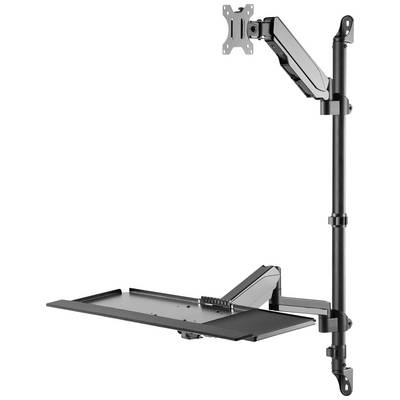 Height-adjustable monitor and keyboard stand in black metal, suitable for mounting on a desk to create an ergonomic workspace.