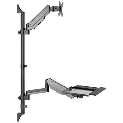 Height-adjustable monitor arm with laptop holder, for mounting on a desk, made of metal, in black colour.
