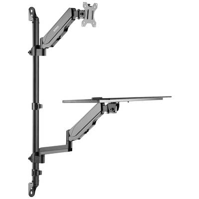 Dual monitor arm, black, one for screens, the other with a shelf for a laptop. Both arms are height-adjustable.