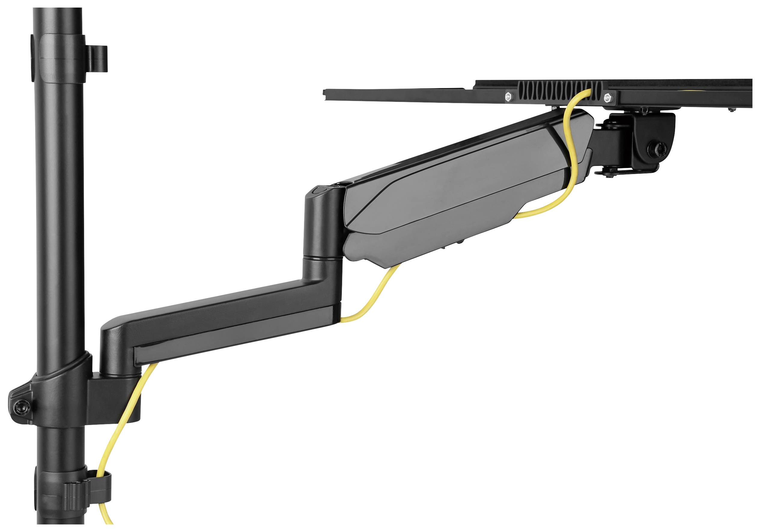 Ergonomic monitor arm viewed from the side, mounted on a vertical stand, with integrated cable management system.