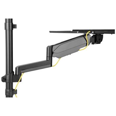 Ergonomic monitor arm viewed from the side, mounted on a vertical stand, with integrated cable management system.