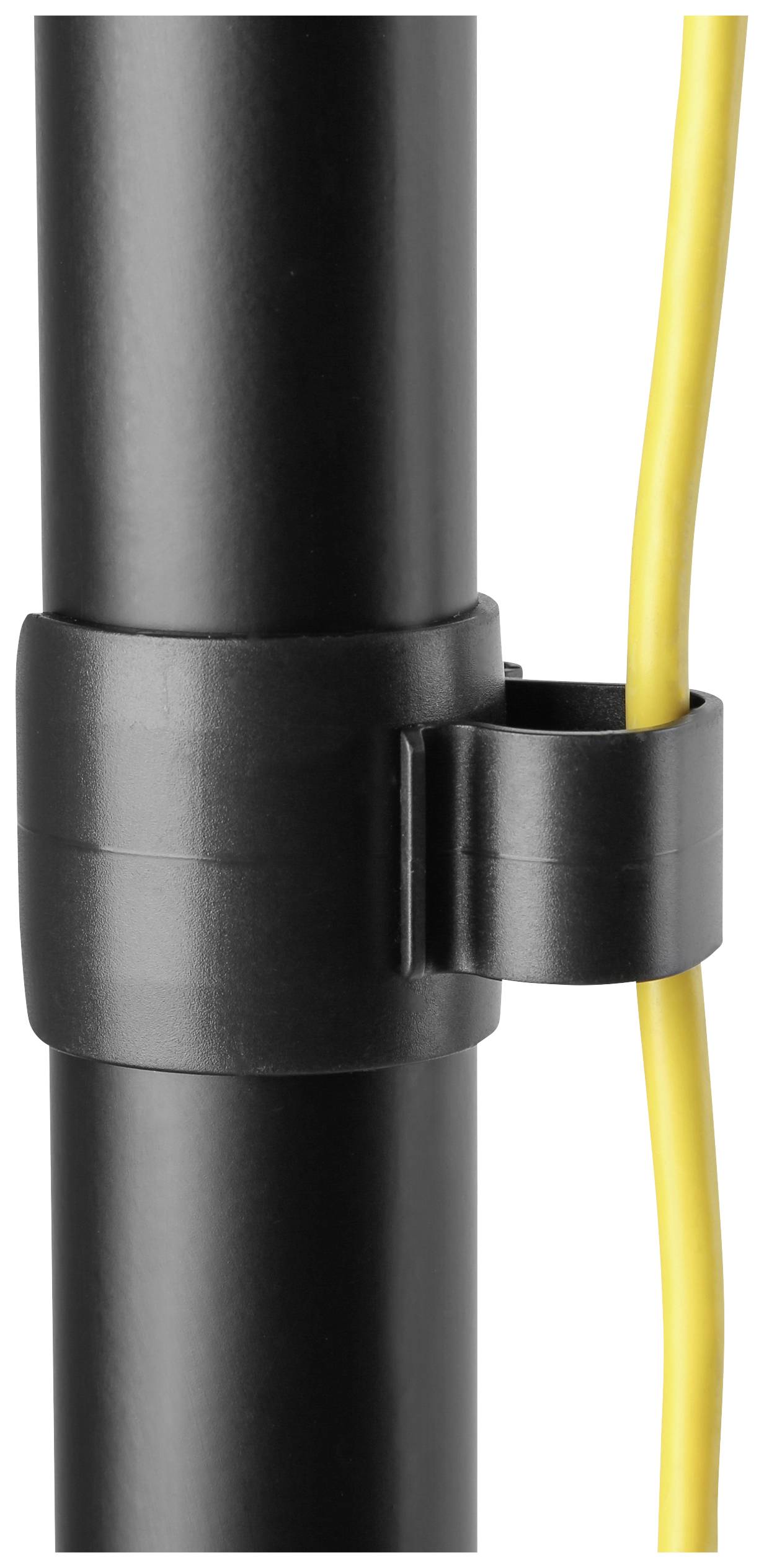 A black cable tie encircles a round black rod and holds a yellow cable in place.