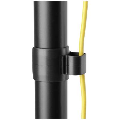 A black cable tie encircles a round black rod and holds a yellow cable in place.