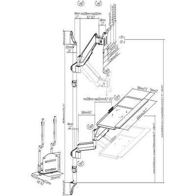 'Technical drawing of an adjustable wall mount with dimensions in millimetres and inches. Shows arms, joints, and mounting configurations.'