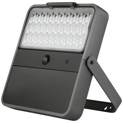 LED Outdoor Floodlight with Motion Sensor; rectangular black casing; suitable for wall mounting; ideal for security lighting.