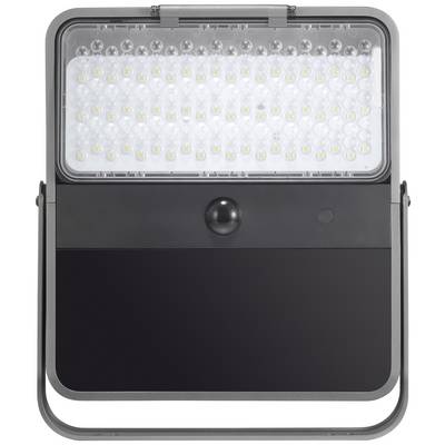 A rectangular LED floodlight with numerous bright LEDs and a motion sensor in the centre, mounted in a black housing.
