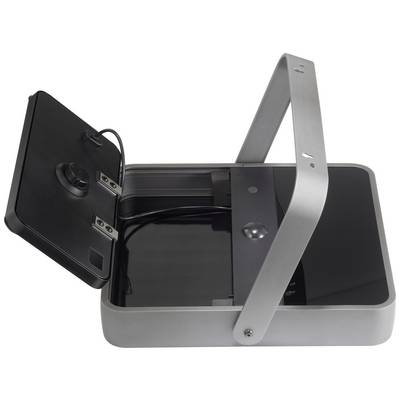 A rectangular metal enclosure with an open lid, revealing two black connections and cables. Suitable for electrical installations.
