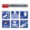 A silver Staedtler flipchart marker with a red cap, presented with symbols: enhanced ink protection, 2 mm tip, manufactured in Germany, suitable for numerous surfaces.