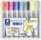 Eight colourful Staedtler Lumocolor flipchart markers in a transparent packaging. Suitable for writing on flipcharts.
