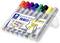 'Set of 8 flip chart markers in various colours, in a transparent plastic box, suitable for whiteboard and paper labelling.'