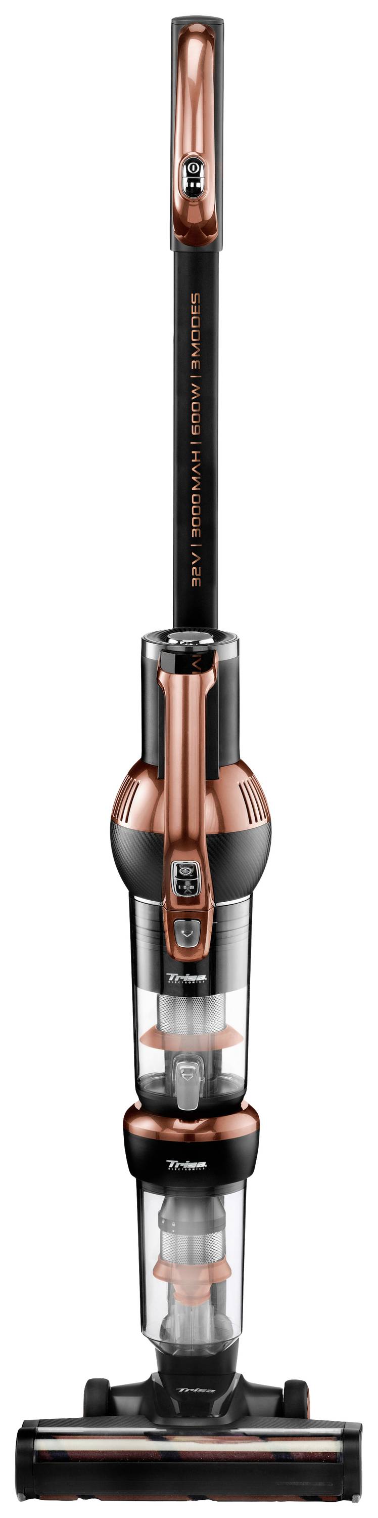 Cordless vacuum cleaner with copper-coloured accenting and transparent container, standing view. Suitable for floor cleaning.