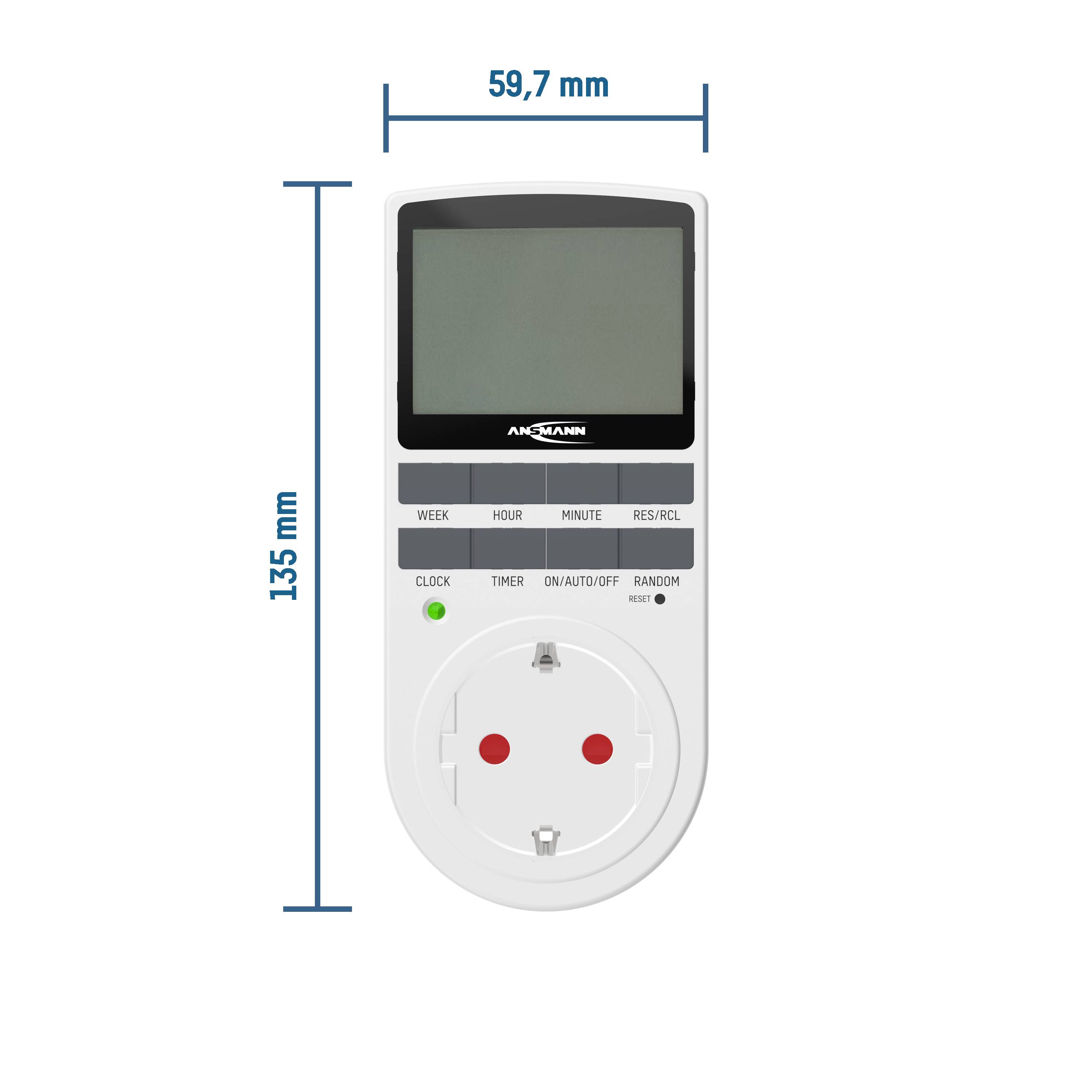 A digital timer plug with a display, buttons for time setting, and a power socket. Dimensions: 135 mm high, 59.7 mm wide.