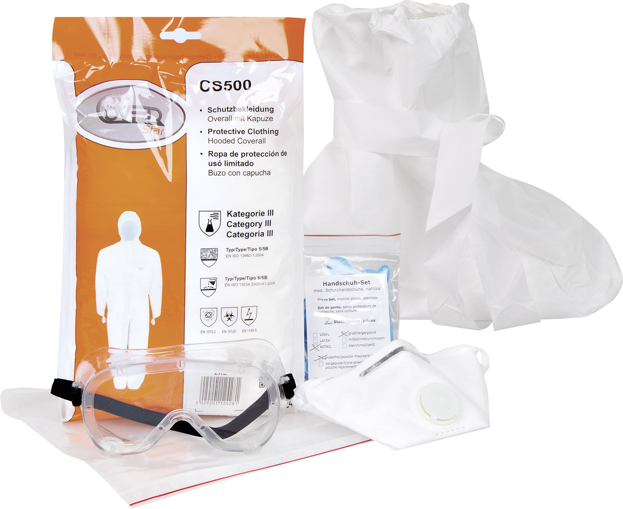 Protective suit set comprising a hood, safety goggles, glove set and respiratory protective mask. Packaging described with categories and protection classes.