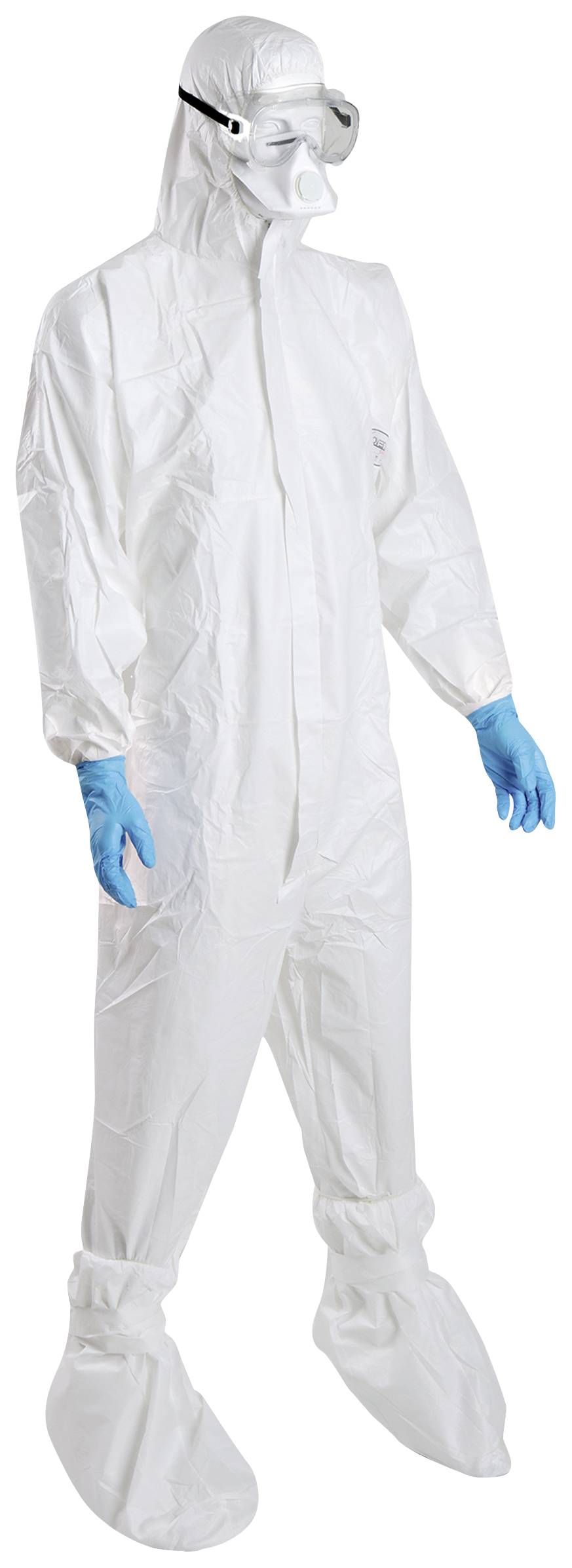 A person in a white protective suit with a hood, safety goggles, respirator mask, and blue gloves. Provides protection against chemical and biological hazards.